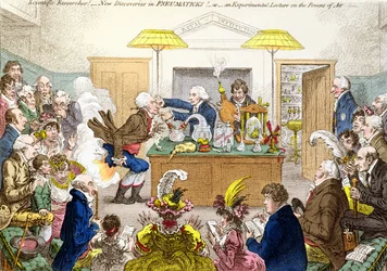 Vitenskapelige undersøkelser! Nye oppdagelser i PNEUMATICKS! eller An Experimental Lecture on the Powers of Air, tegneserie av en forelesning ved Royal Institution som demonstrerer effekten av lattergass (nitro